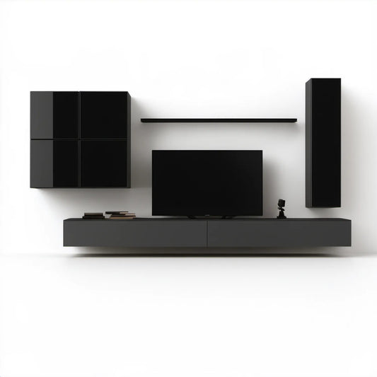 Czarny zestaw mebli RTV z laminowanej płyty wiórowej 180 x 120 x 35 cm