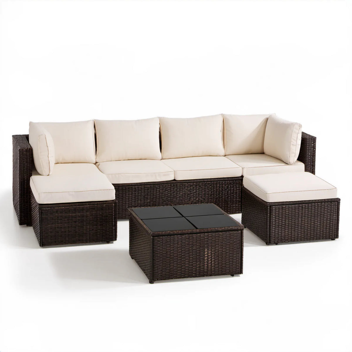 4-częściowy zestaw ogrodowy z technorattanu PE, ciemnobrązowy/kremowy/czarny, sofa 180 × 70 × 65 cm