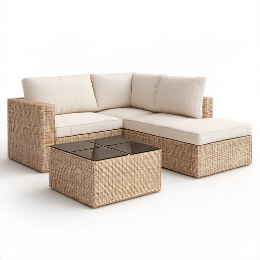 Narożny zestaw ogrodowy z technorattanu PP 200 × 140 × 65 cm ze stolikiem 70 × 70 × 35 cm, Beżowy/Kremowy/Czarny