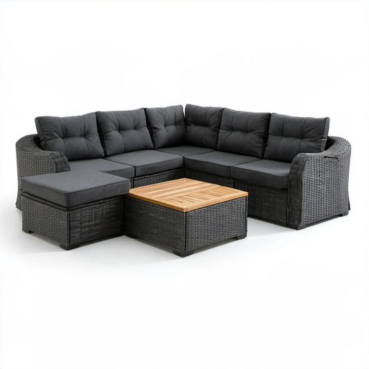 Czarny narożny zestaw ogrodowy z technorattanu PE 250 x 250 x 75 cm ze stolikiem z drewna akacjowego