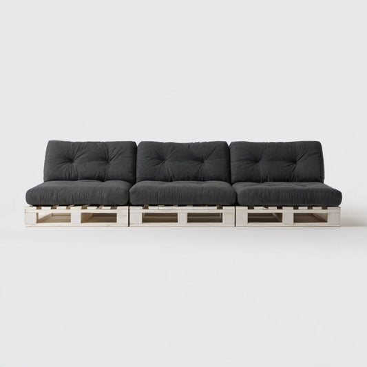 3-osobowa sofa ogrodowa z palet z czarnymi poduszkami, biały stelaż, 360 x 80 x 60 cm