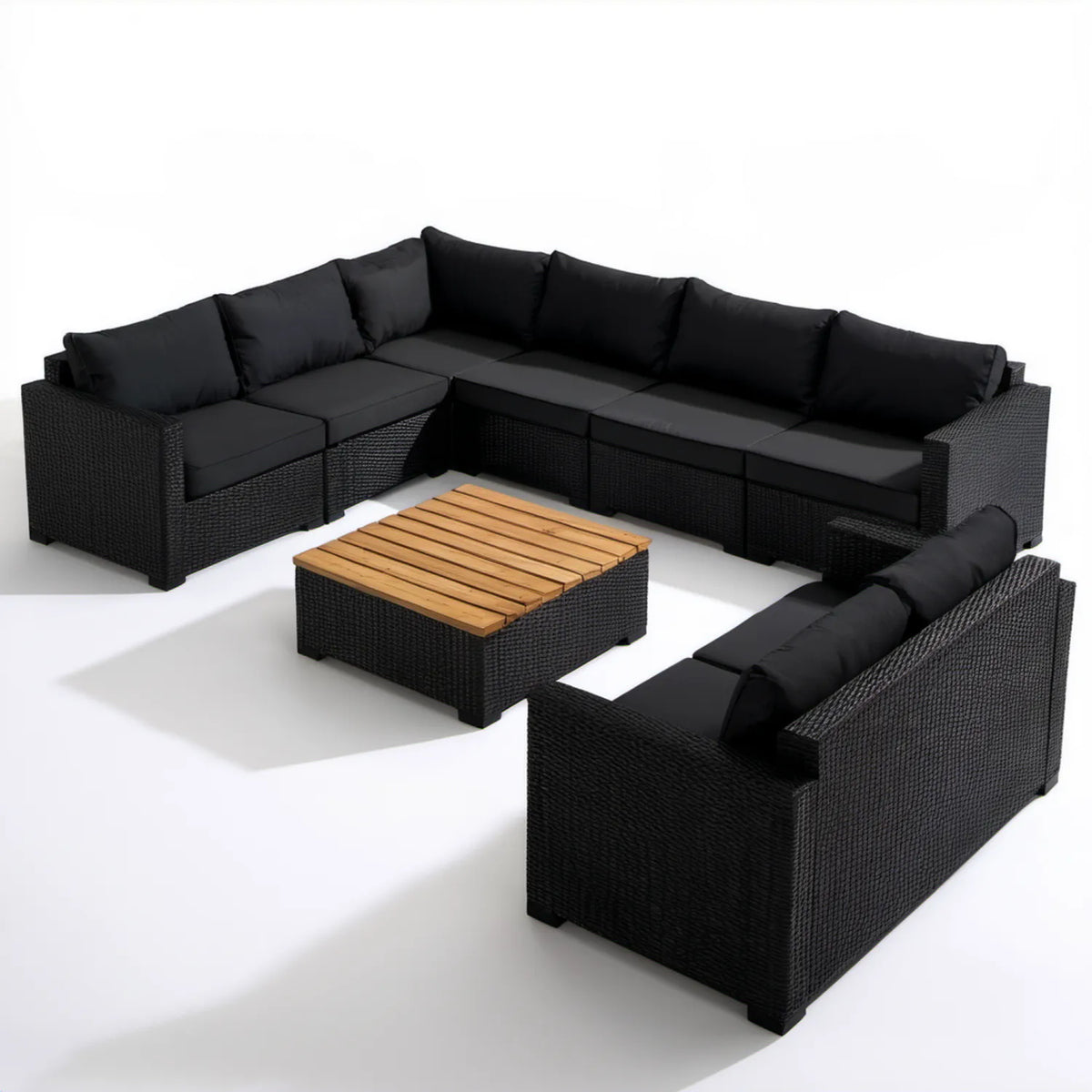 Modułowy zestaw wypoczynkowy z technorattanu PE w kształcie U ze stolikiem, czarny/naturalny brąz, 280 × 210 × 65 cm