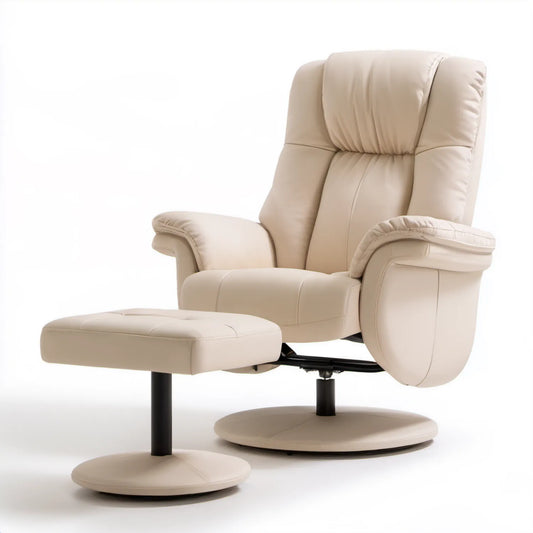 Beżowo-czarny fotel rozkładany z podnóżkiem, 83 × 91 × 112 cm, tapicerka PU