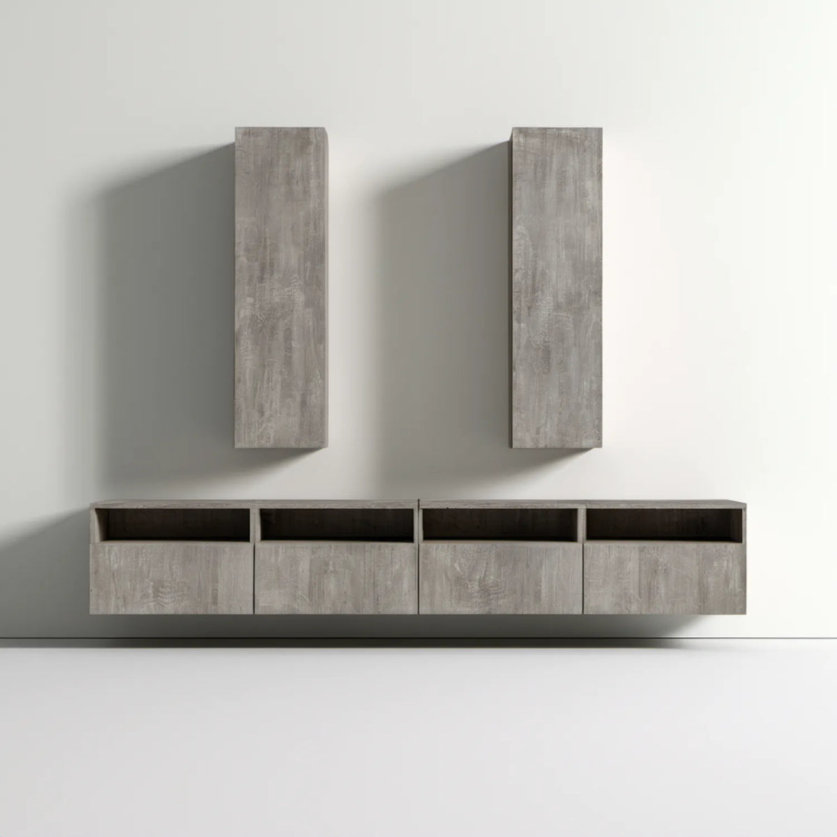 Wiszący zestaw mebli RTV w kolorze szarego betonu z czarnymi wnękami, szafka dolna 180 × 30 × 35 cm, 2 szafki pionowe 30 × 100 × 30 cm