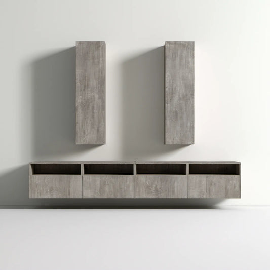 Wiszący zestaw mebli RTV w kolorze szarego betonu z czarnymi wnękami, szafka dolna 180 × 30 × 35 cm, 2 szafki pionowe 30 × 100 × 30 cm