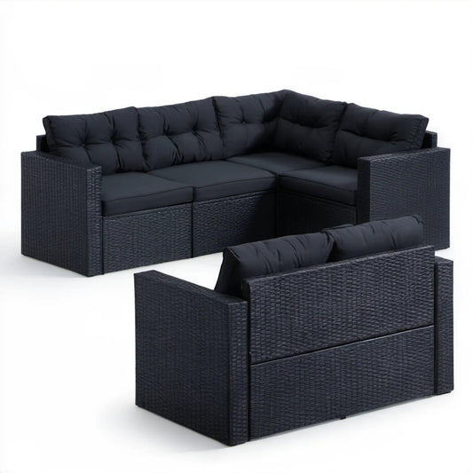 Czarny komplet ogrodowy z technorattanu PE – sofa 124 x 65 x 76 cm i fotel 65 x 65 x 76 cm