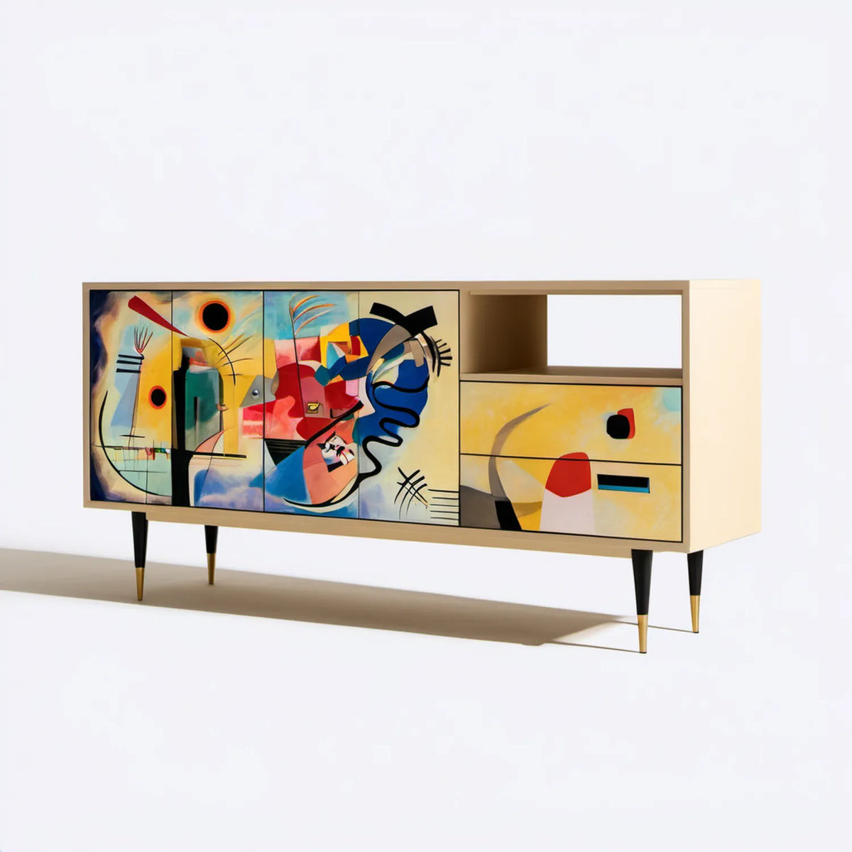 Beżowa szafka RTV z abstrakcyjnym nadrukiem, 160 x 40 x 75 cm