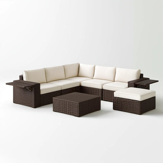 Brązowo-kremowy narożnik ogrodowy w kształcie L 230 x 230 cm z stolikiem i pufą, rattan PE i stal